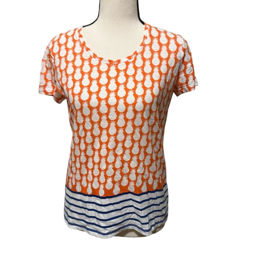 Talbots | Orange and Blue Short Sleeve Tee with Pineapples